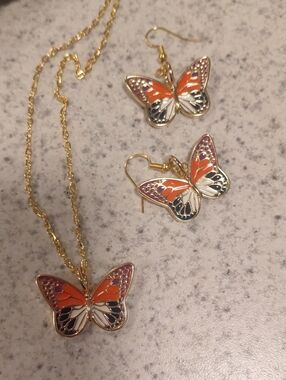 Gold Butterfly Necklace and Earrings Set with Orange and Purple Accents